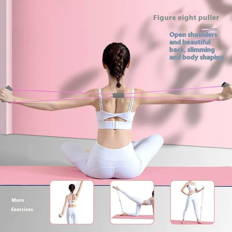 Yoga four-piece fitness set showing leg stretching device, yoga ring, pedal expander and figure eight tension rope