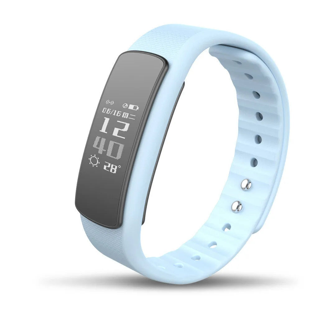 I6 smart sports bracelet with black TPU wristband and 0.96 inch touchscreen displaying health data.