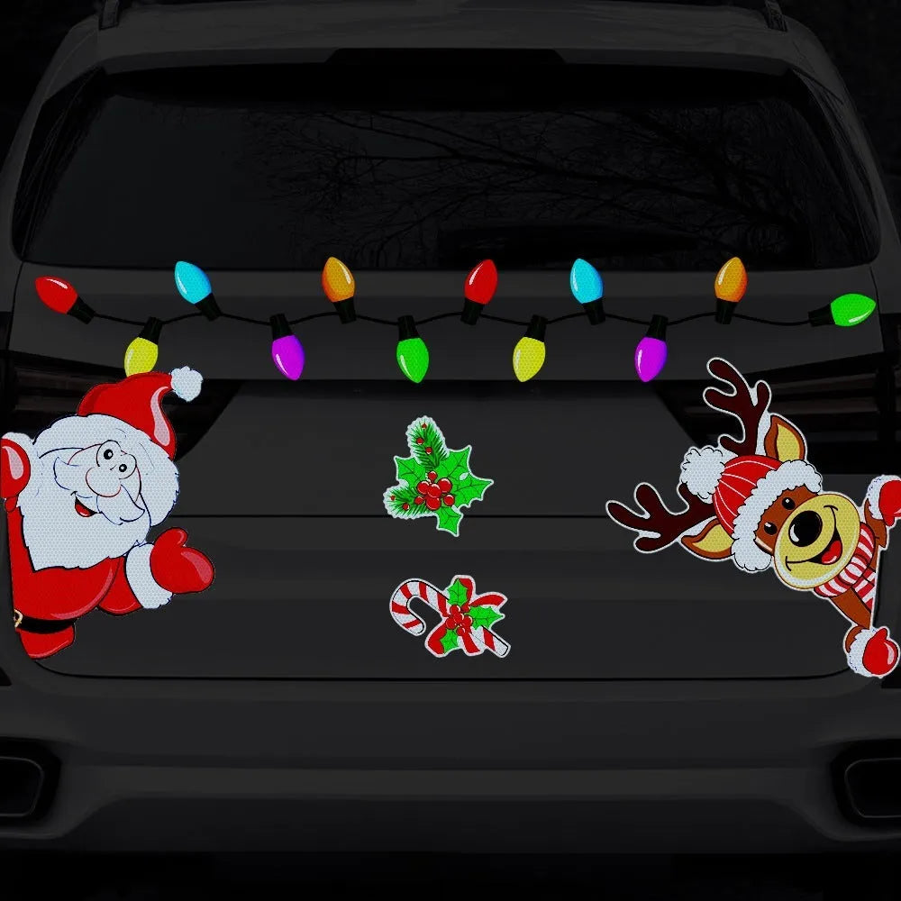 Cartoon-style Christmas elk reflective magnetic sticker on a glass surface.