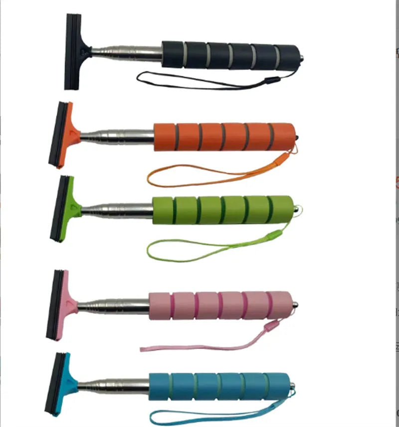 Retractable stainless steel car wiper extended to 100cm with rubber blade, shown in multiple colour options.