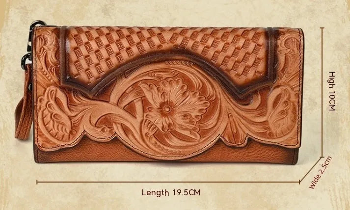 Retro brown floral embossed tri-fold leather wallet open to show interior compartments.