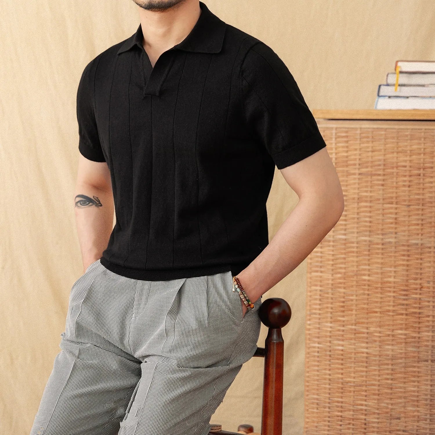Polo collar short sleeve knitted top in ramie-cotton blend fabric available in multiple colours