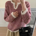 Retro striped cashmere sweater for women in red colour with plaid pattern and long sleeves