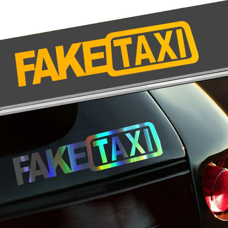 FAKE TAXI waterproof car warning sticker in black, measuring 20cm by 8cm.