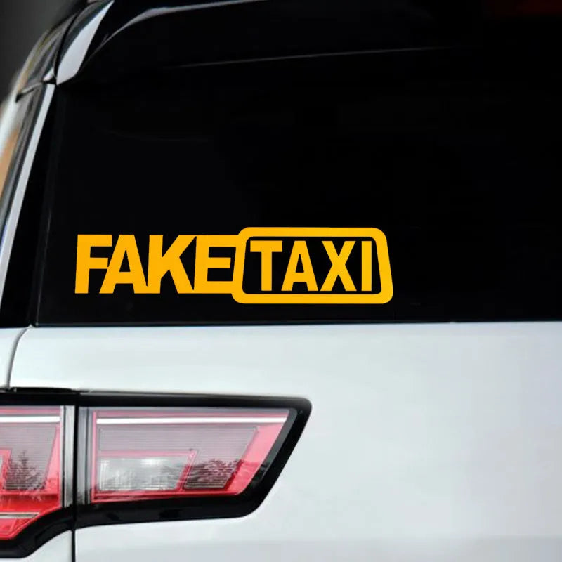FAKE TAXI waterproof car warning sticker in black, measuring 20cm by 8cm.