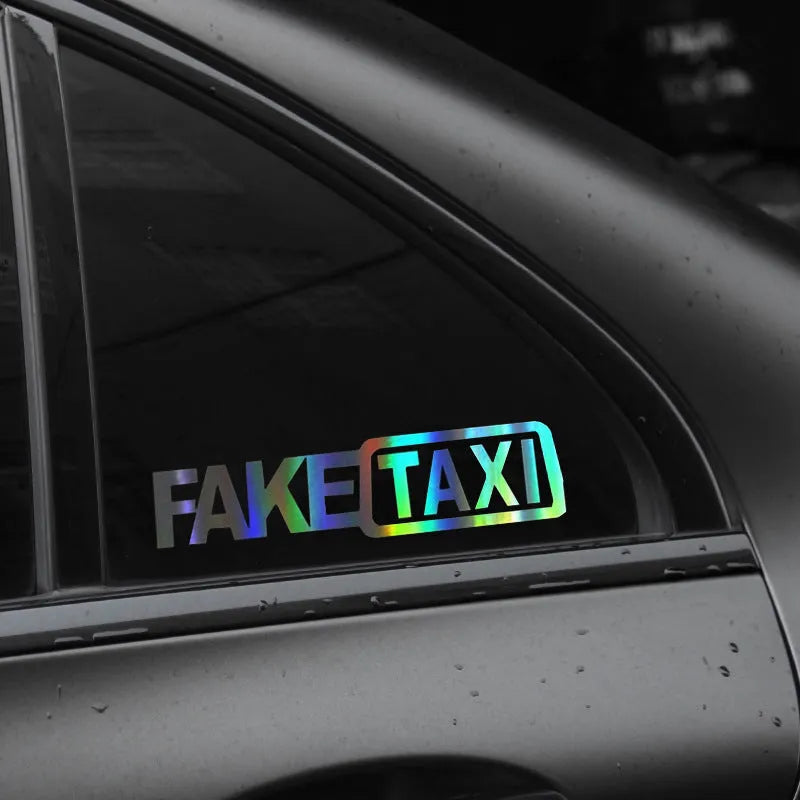 FAKE TAXI waterproof car warning sticker in black, measuring 20cm by 8cm.