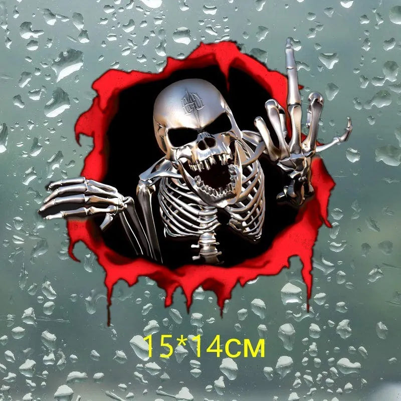 Reflective metal skull car bumper sticker with colourful broken shell design measuring 15x14cm