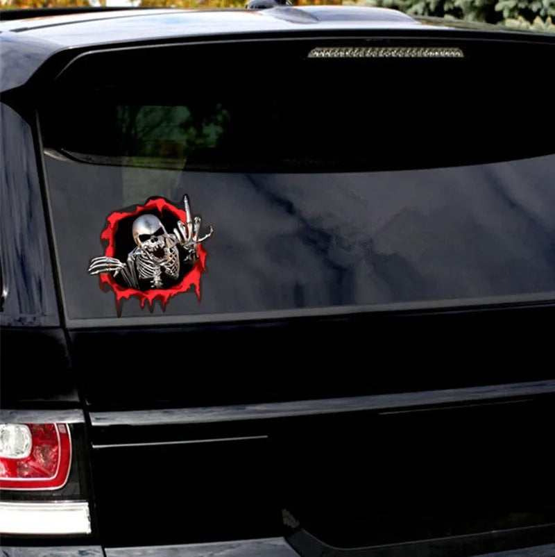 Reflective metal skull car bumper sticker with colourful broken shell design measuring 15x14cm