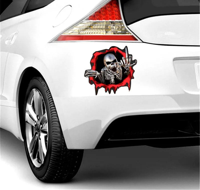 Reflective metal skull car bumper sticker with colourful broken shell design measuring 15x14cm