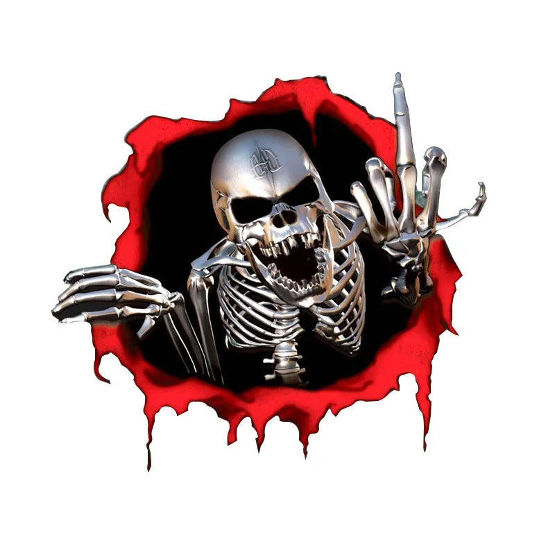 Reflective metal skull car bumper sticker with colourful broken shell design measuring 15x14cm