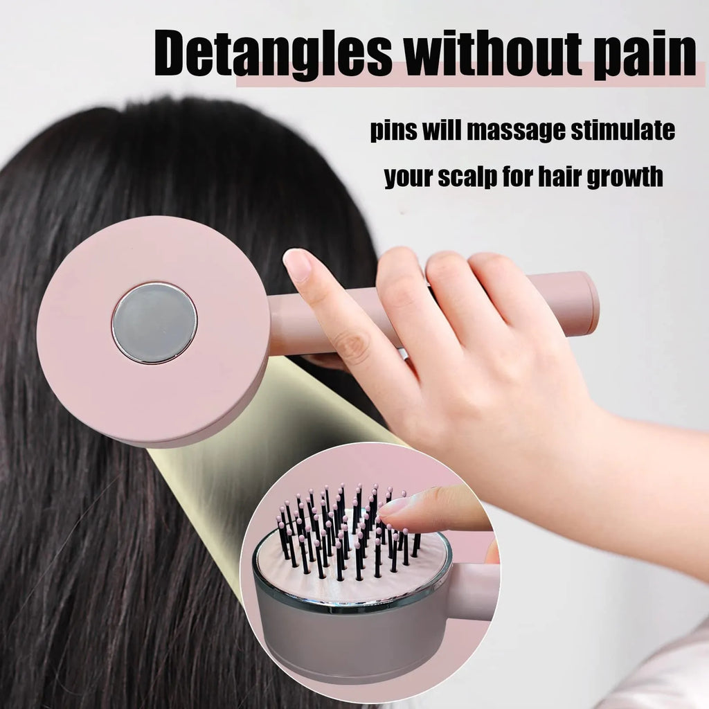 One-key self-cleaning hair brush with green airbag massage comb and non-slip handle on white background