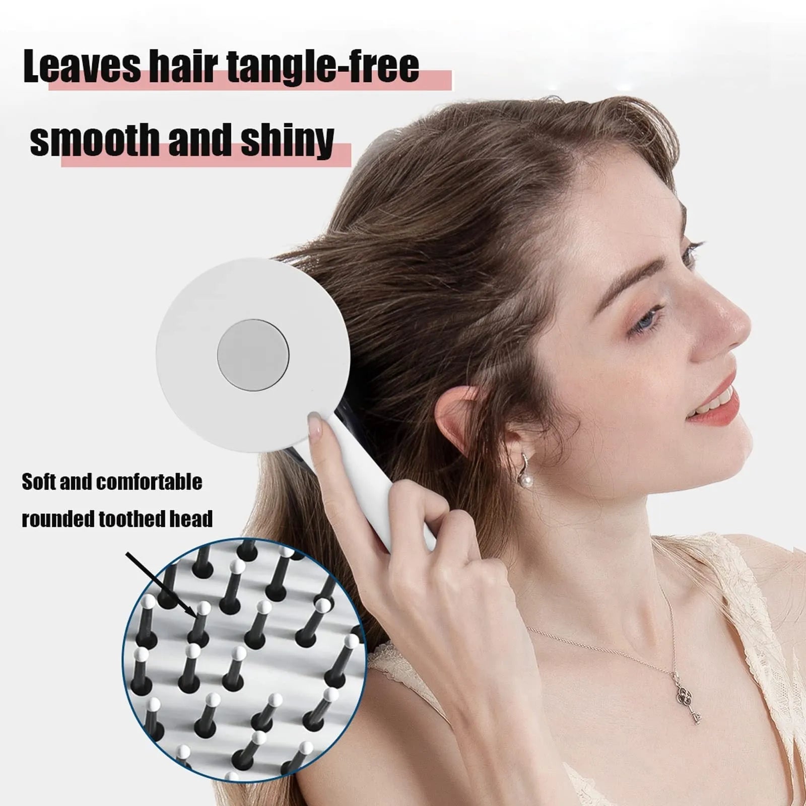 One-key self-cleaning hair brush with green airbag massage comb and non-slip handle on white background