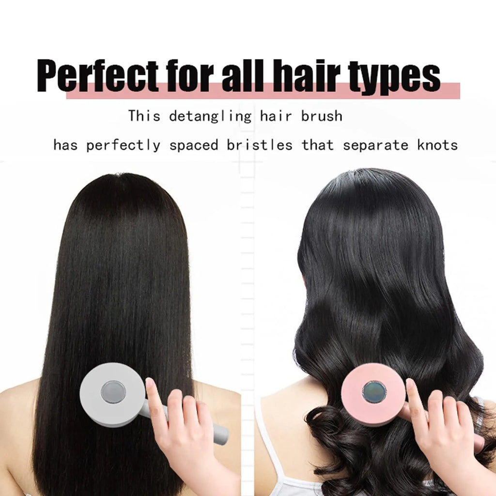 One-key self-cleaning hair brush with green airbag massage comb and non-slip handle on white background