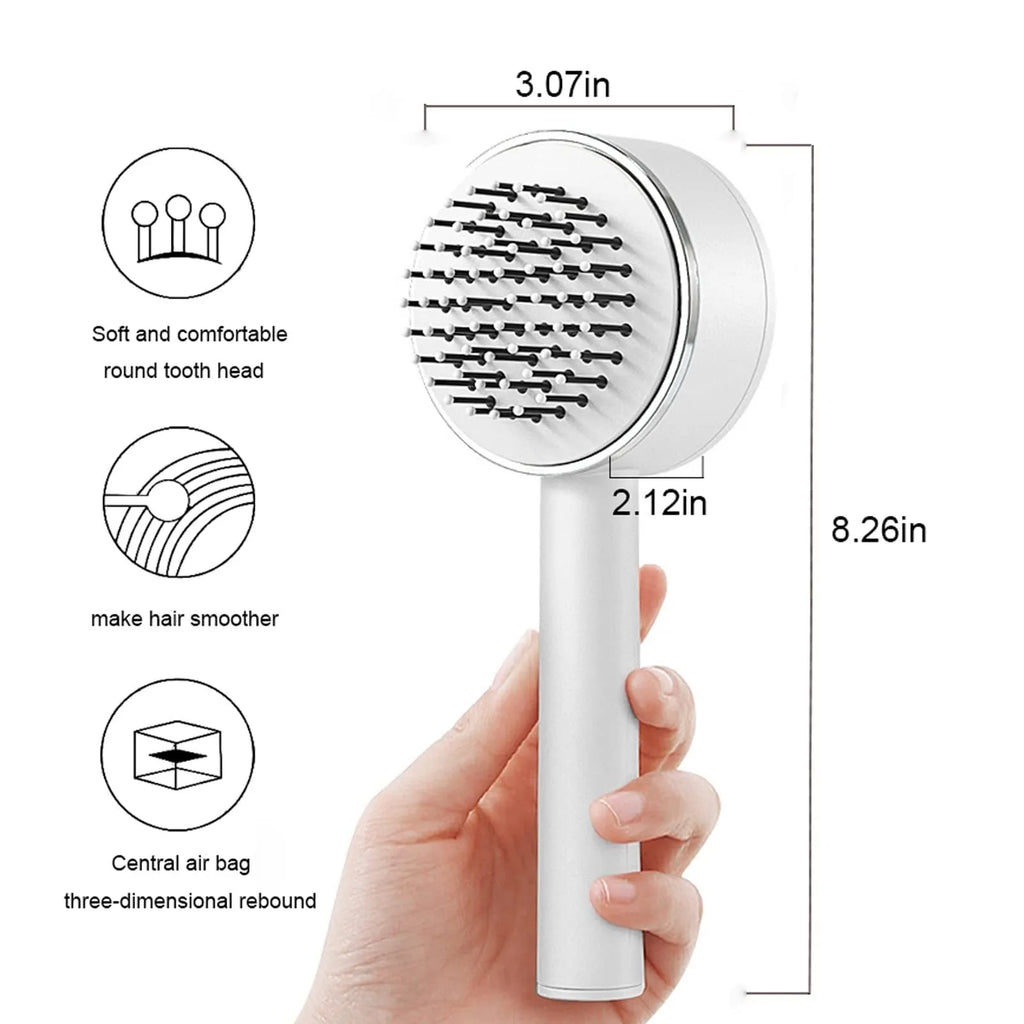 One-key self-cleaning hair brush with green airbag massage comb and non-slip handle on white background