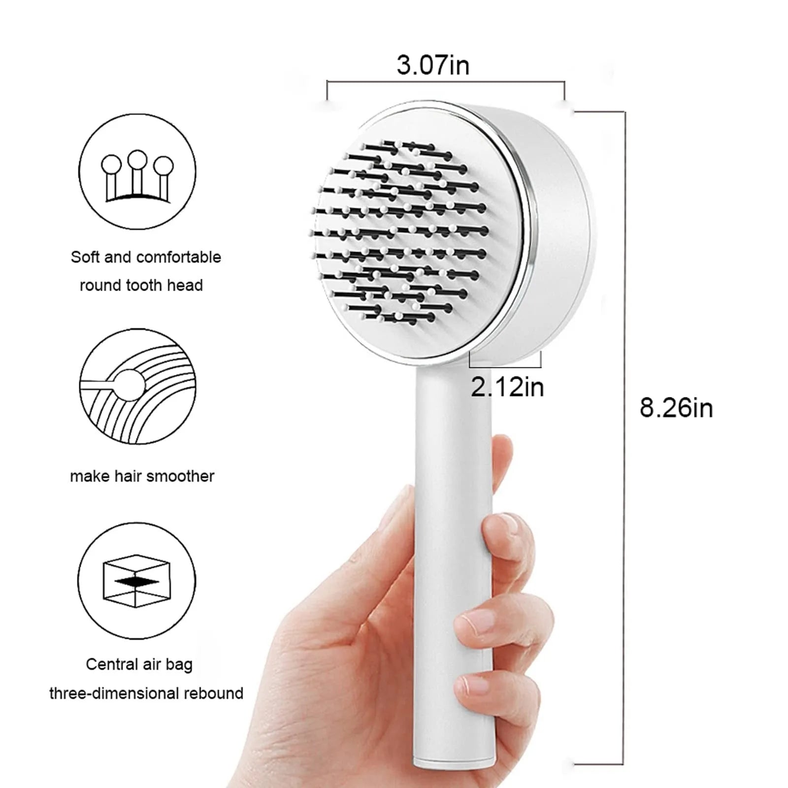 One-key self-cleaning hair brush with green airbag massage comb and non-slip handle on white background