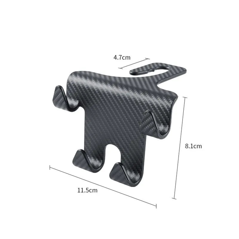 Black ABS plastic car multifunction hook bracket with integrated mobile phone holder for rear seat mounting.