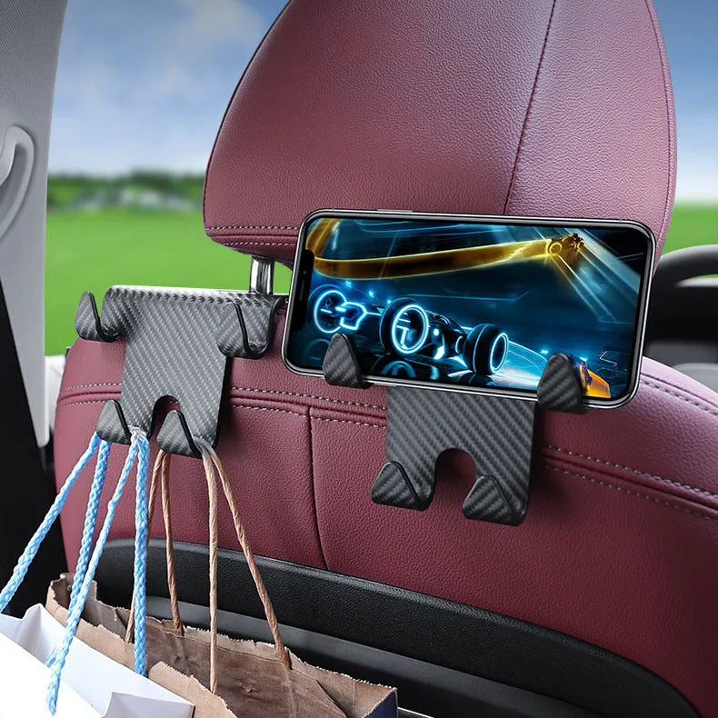 Black ABS plastic car multifunction hook bracket with integrated mobile phone holder for rear seat mounting.