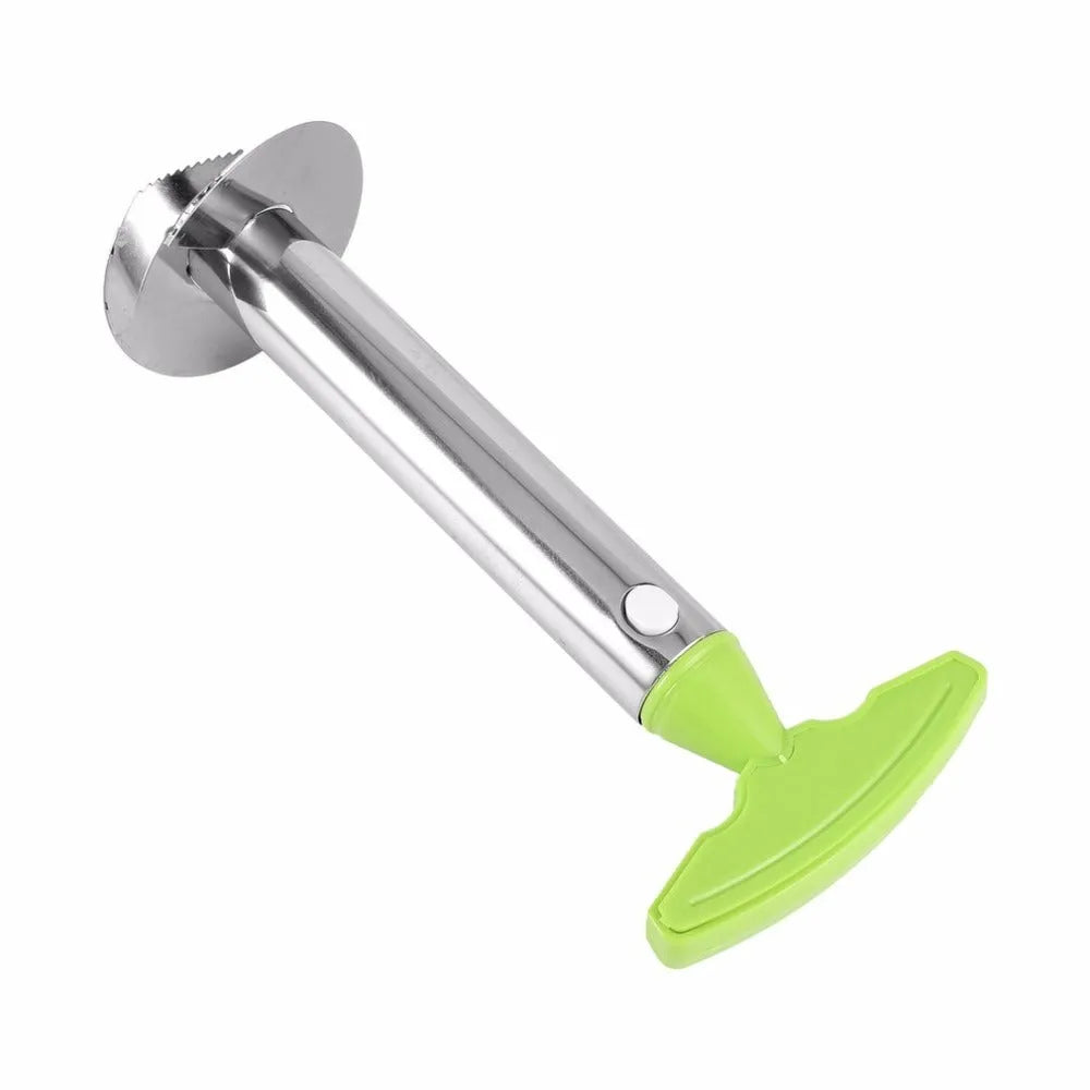 Stainless steel pineapple peeler with black handle and coring blade, 83.7 mm width, shown on white background