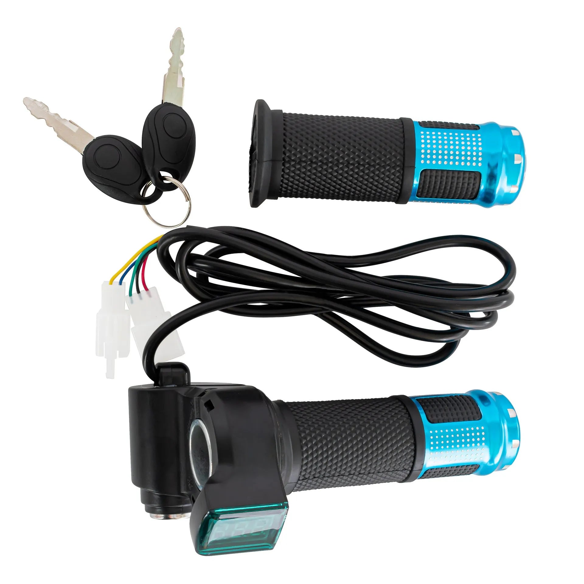 Electric vehicle handlebar replacement part in blue, red, silver, and yellow with 5-core cable.