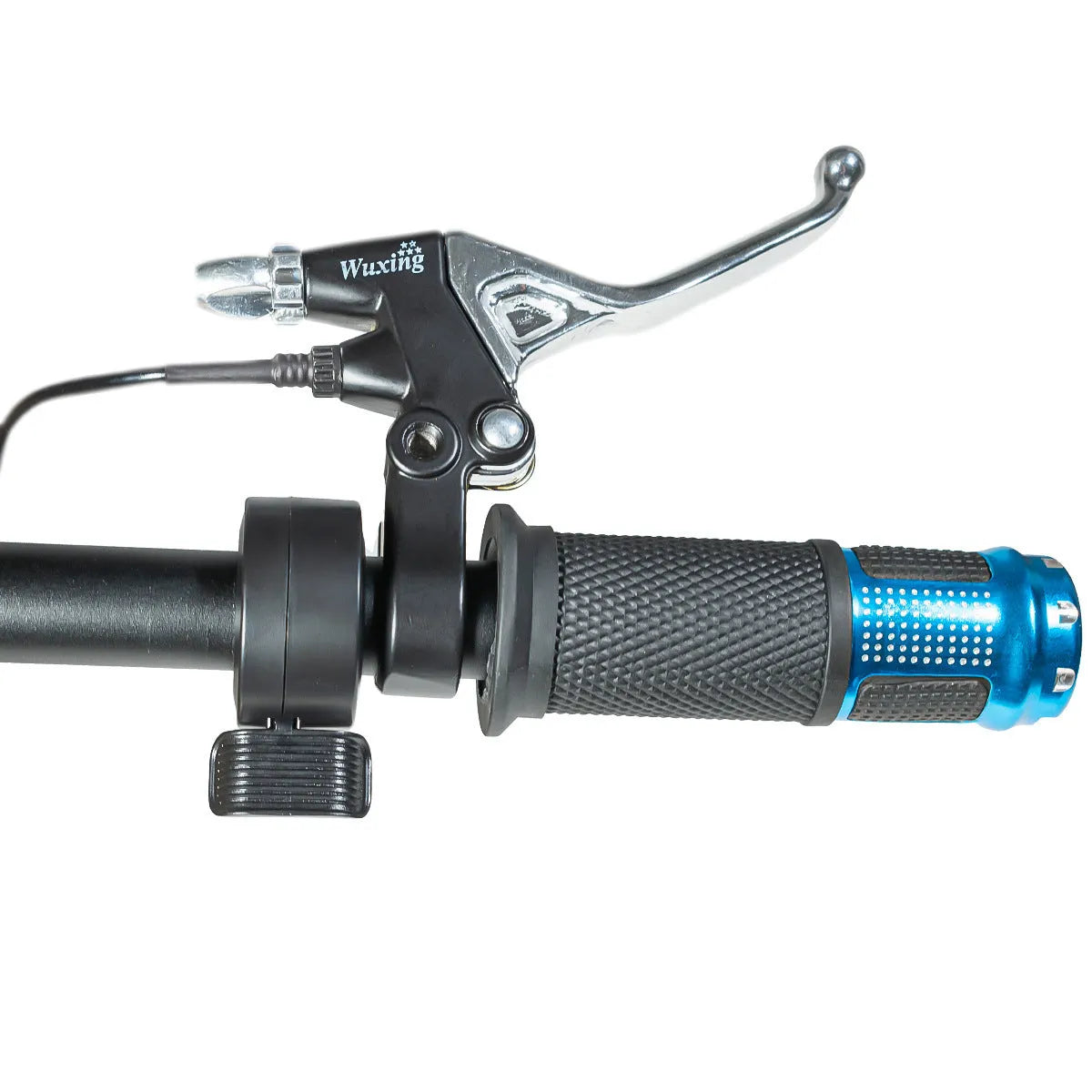 Electric vehicle handlebar replacement part in blue, red, silver, and yellow with 5-core cable.
