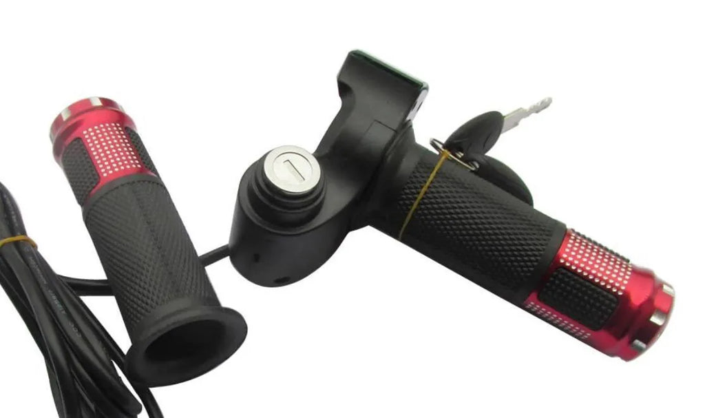 Electric vehicle handlebar replacement part in blue, red, silver, and yellow with 5-core cable.