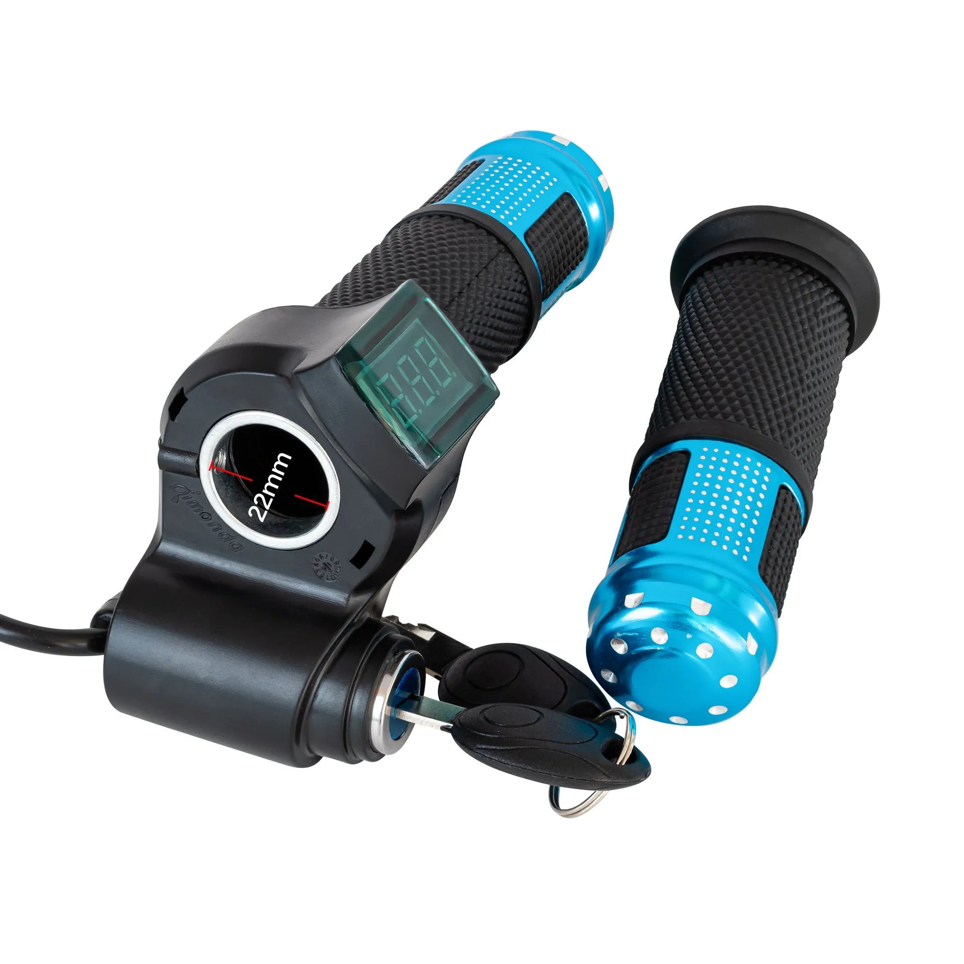 Electric vehicle handlebar replacement part in blue, red, silver, and yellow with 5-core cable.
