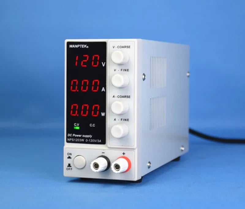 White adjustable DC laboratory power supply with digital displays for voltage and current, model S605W.