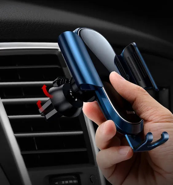 Universal smart car bracket phone holder in black, blue, and silvery colours with adjustable clamp.