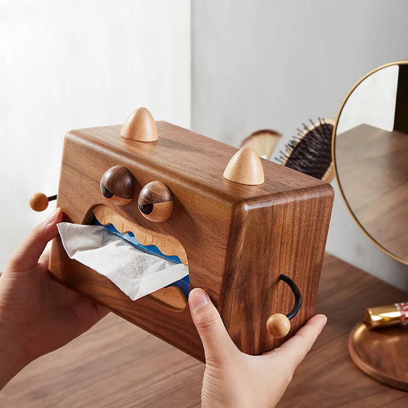Wooden cartoon Little Monster tissue box in walnut beech colour