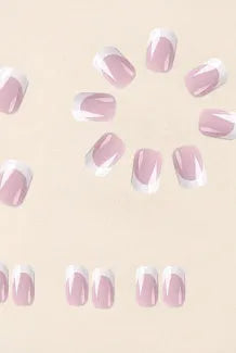 24 white plaid coffin-shaped press on nail tips with French tip design