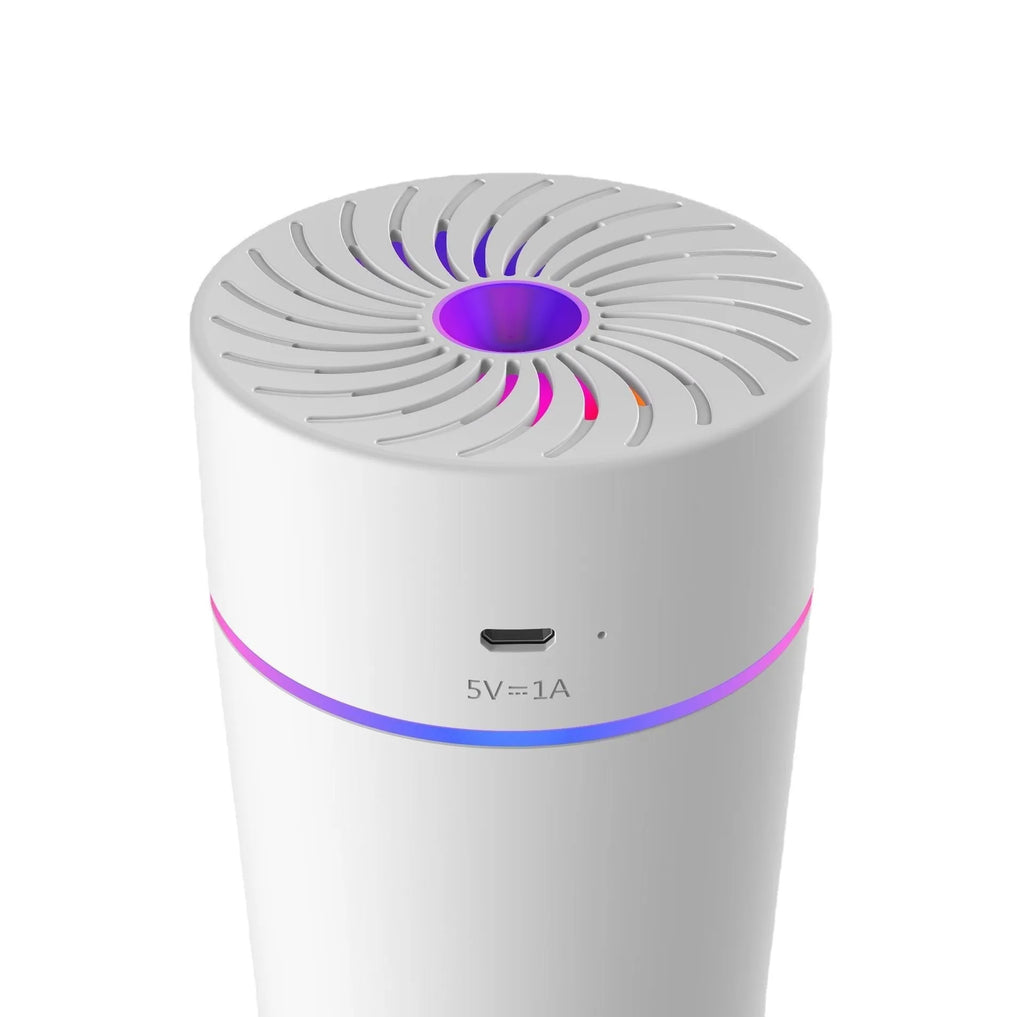 Compact white car USB humidifier with aromatherapy function for vehicle cabins
