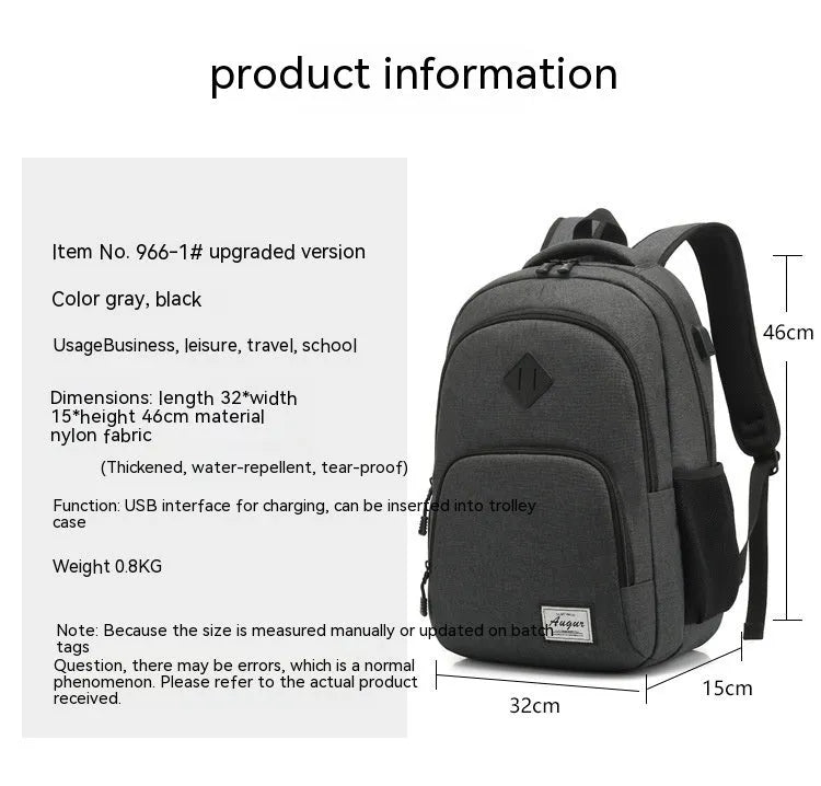 Lightweight USB charging backpack in grey with trolley sleeve and thickened nylon fabric