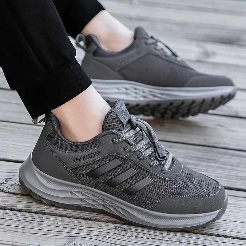 Men's and women's elastic band slip-on casual shoes in mesh material, showing colour options.
