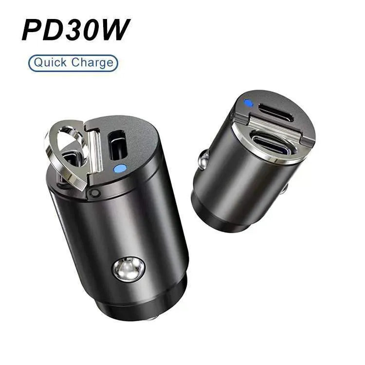 Black mini 30W car cigarette lighter charger with dual USB ports