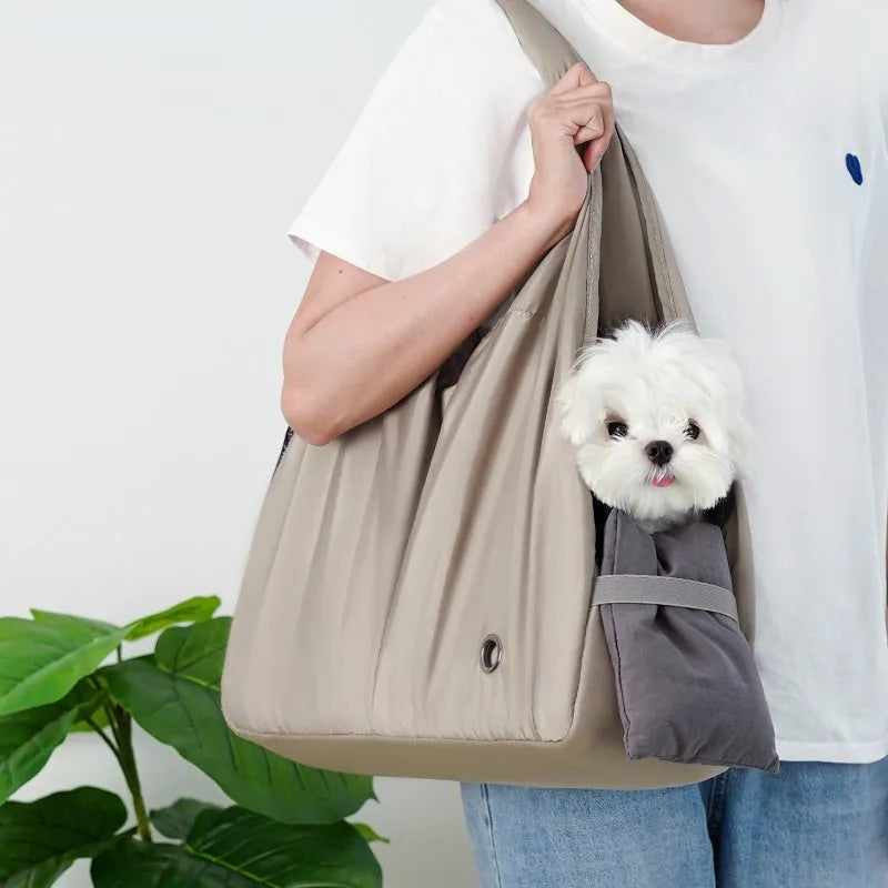 Apricot cloth pet carrier handbag with breathable construction for summer outdoor transport