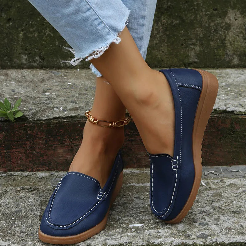 Women's PU leather loafers flats shoes in multiple colours with round toe and rubber sole