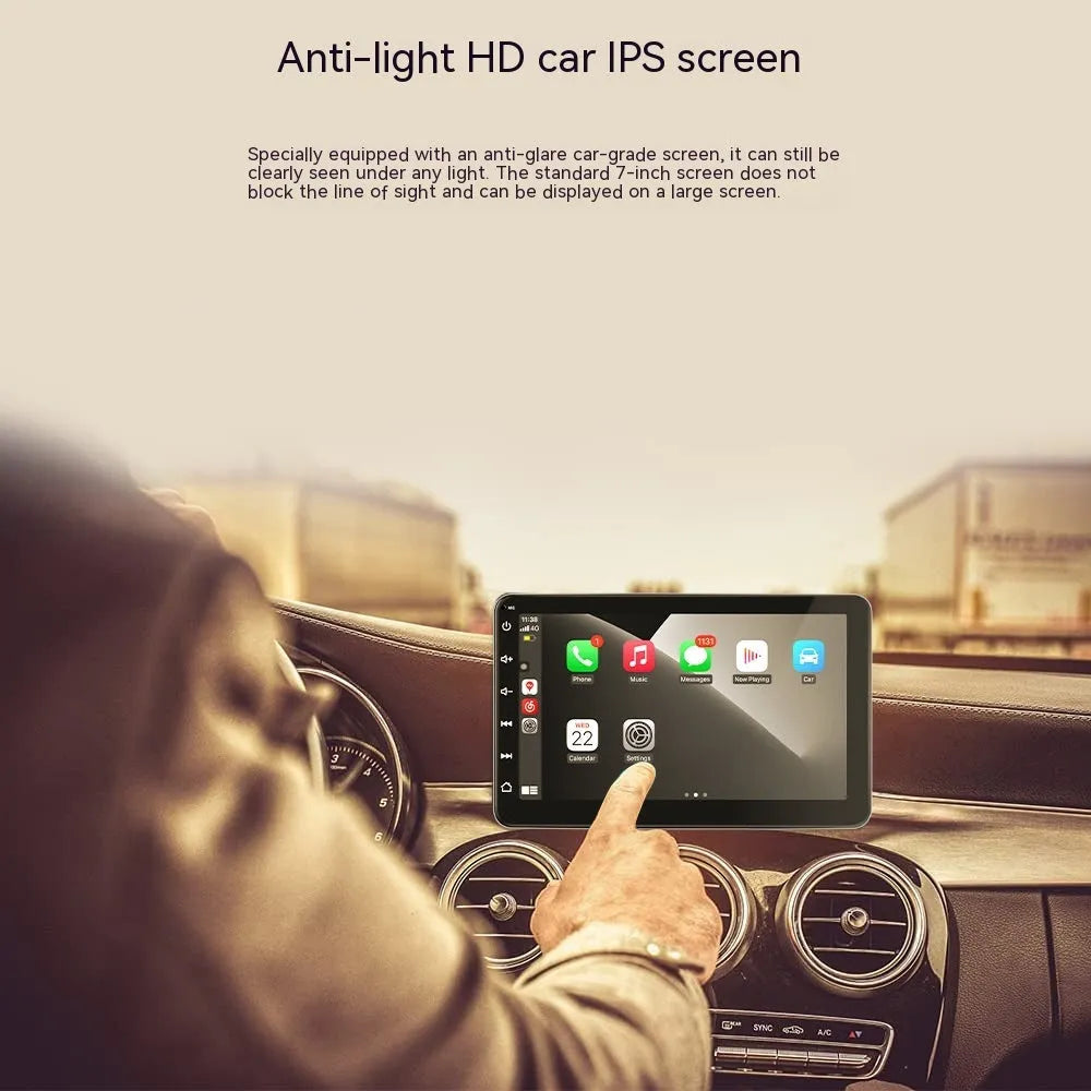 Wireless CarPlay car GPS navigator with 7-inch screen and reversing camera on a dashboard mount.