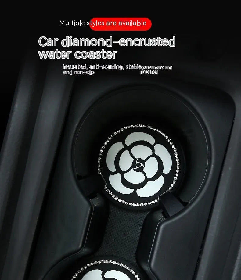 Black and white checkerboard pattern PVC car cup holder mat with non-slip base