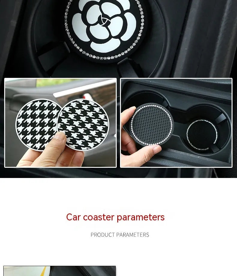 Black and white checkerboard pattern PVC car cup holder mat with non-slip base