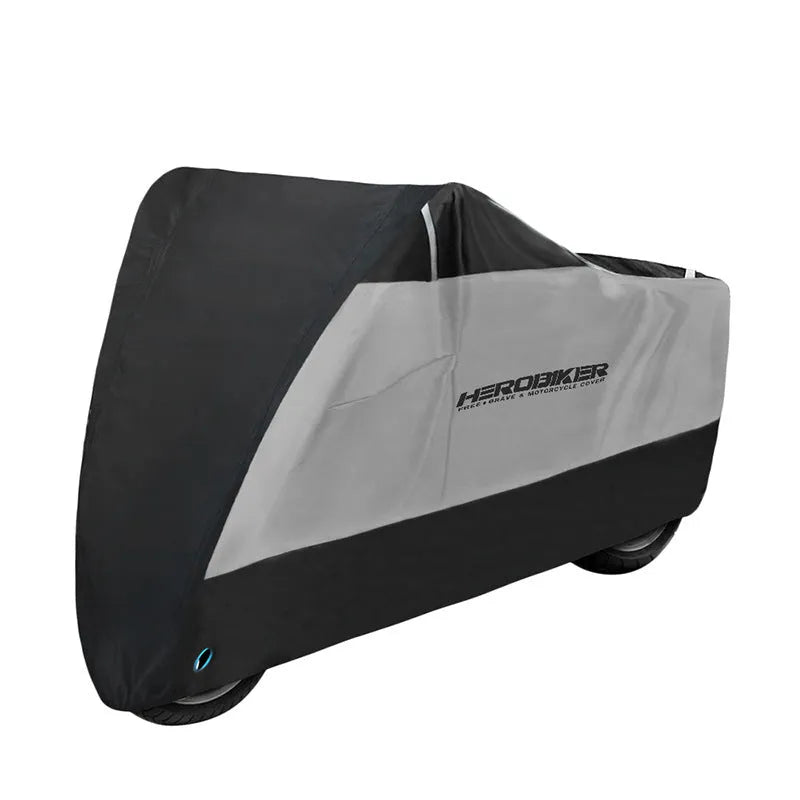Black motorcycle cover on a bike showing waterproof and anti-theft protection features.