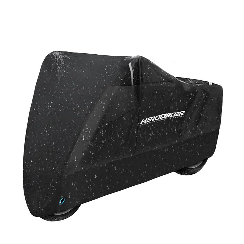 Black motorcycle cover on a bike showing waterproof and anti-theft protection features.