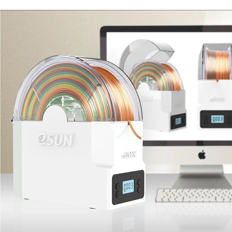 eBOX Lite 3D printing filament drying storage box with wire heating system and multiple plug options.