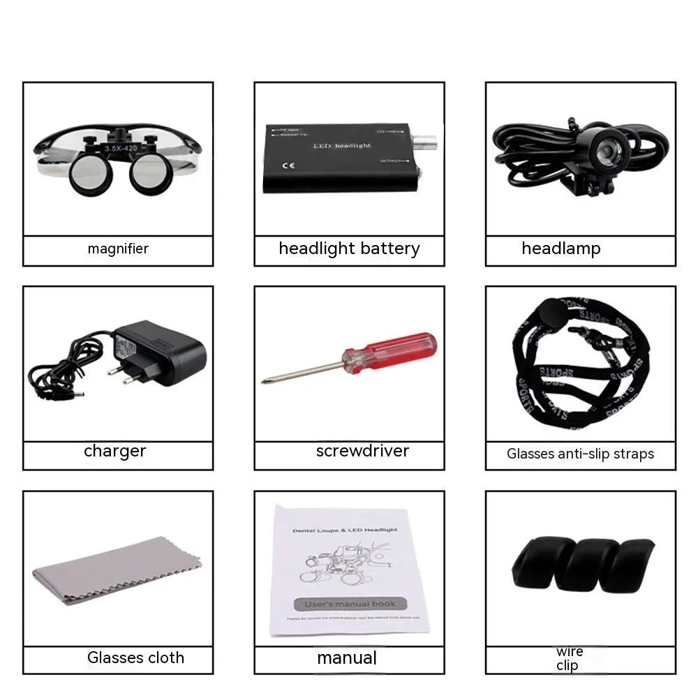 Black head-mounted dental magnifier with LED light showing 2.5X glasses and 3.5X interchangeable lens