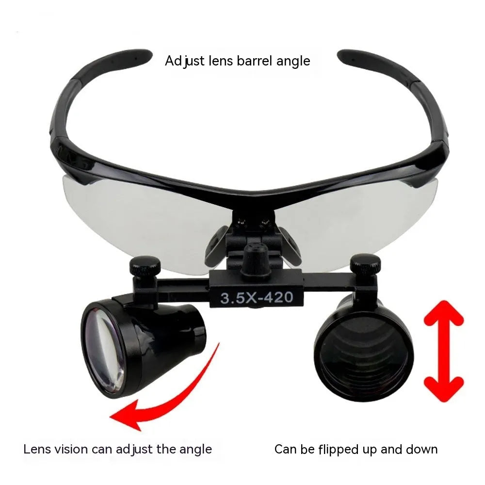Black head-mounted dental magnifier with LED light showing 2.5X glasses and 3.5X interchangeable lens
