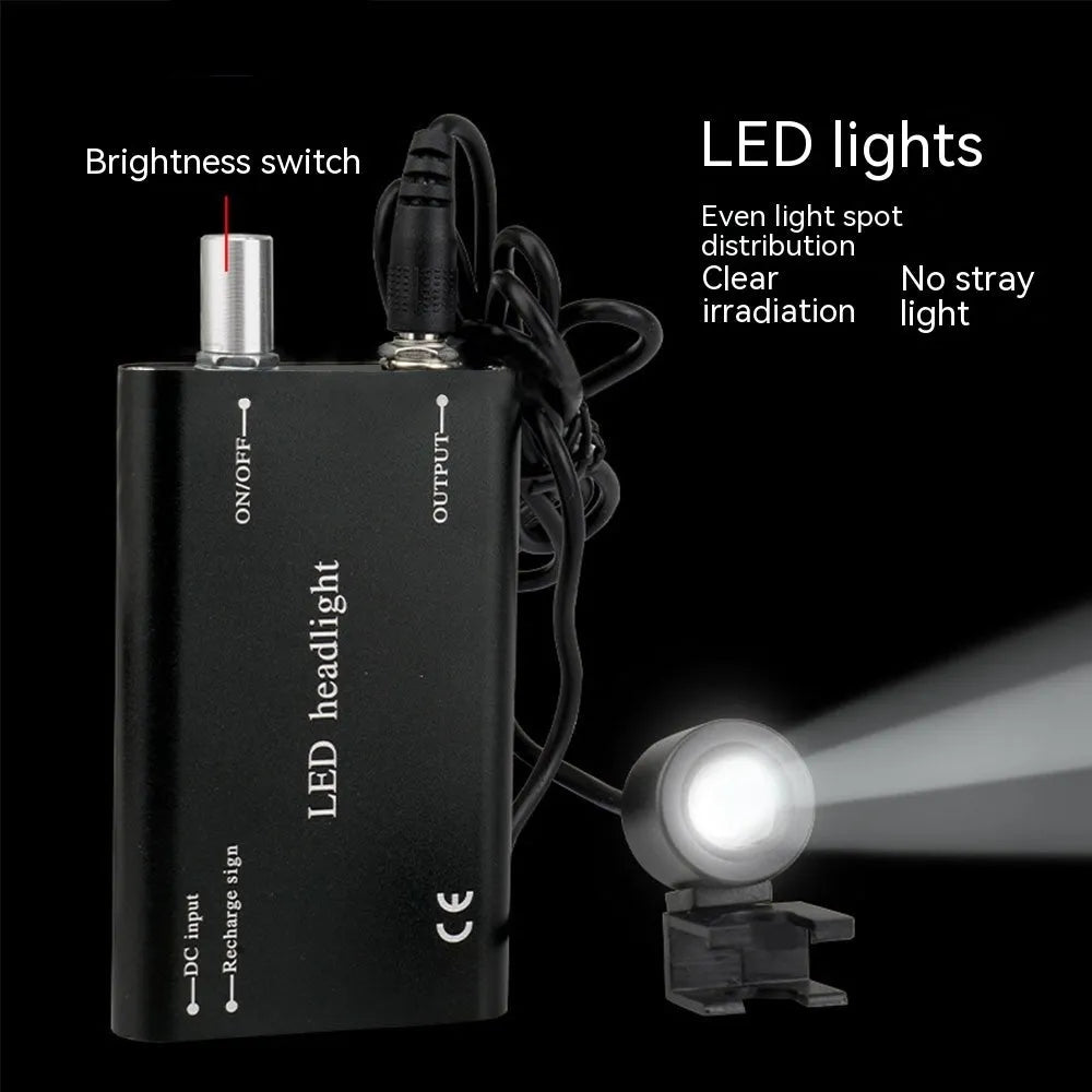 Black head-mounted dental magnifier with LED light showing 2.5X glasses and 3.5X interchangeable lens