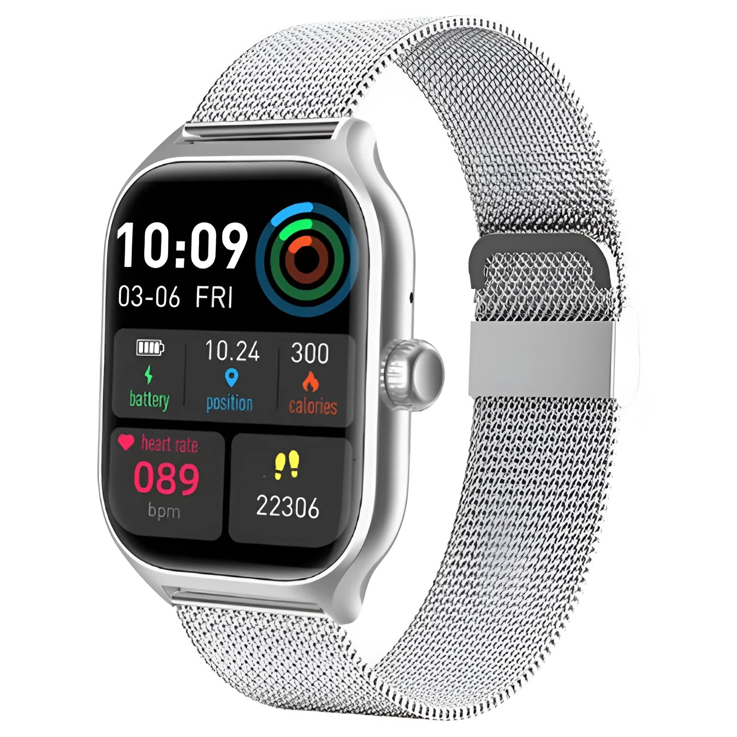 Gold smart watch with touch screen and silicone strap displaying health metrics