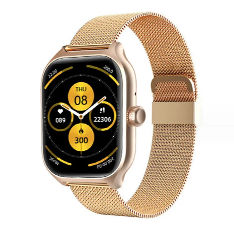 Gold smart watch with touch screen and silicone strap displaying health metrics