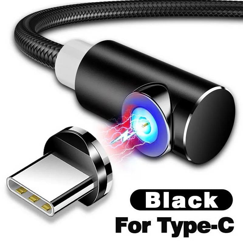Black magnetic charging cable with aluminium housing and LED light indicator showing magnetic connectors