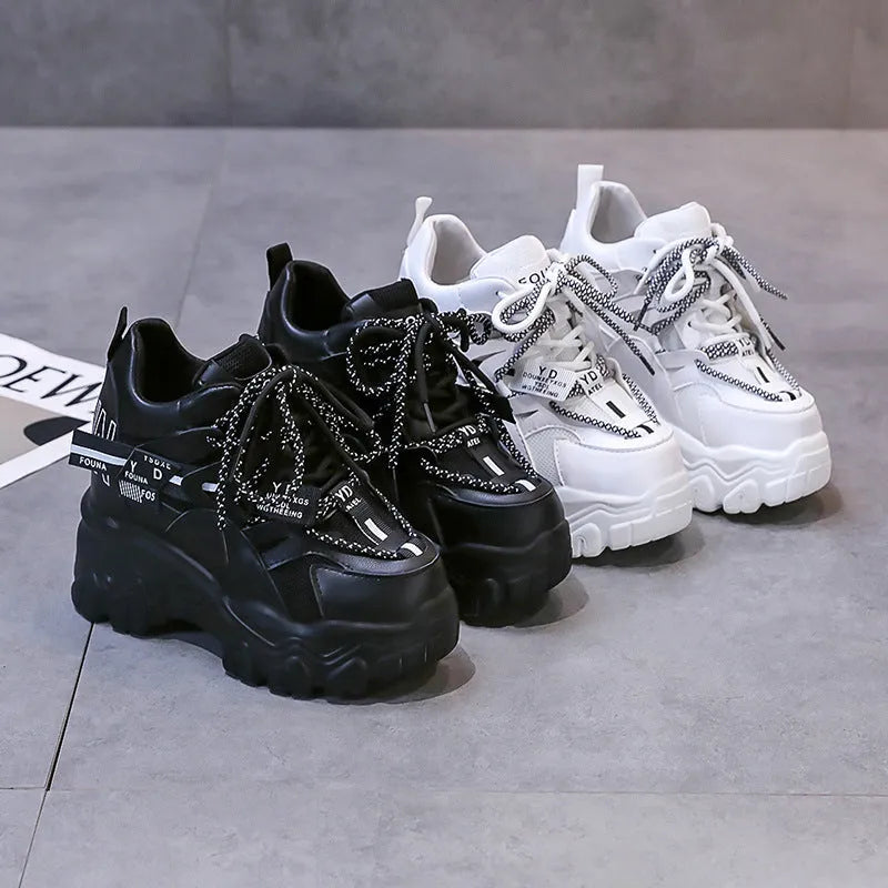 Women's white breathable mesh platform sports shoes with cross strap and rubber sole