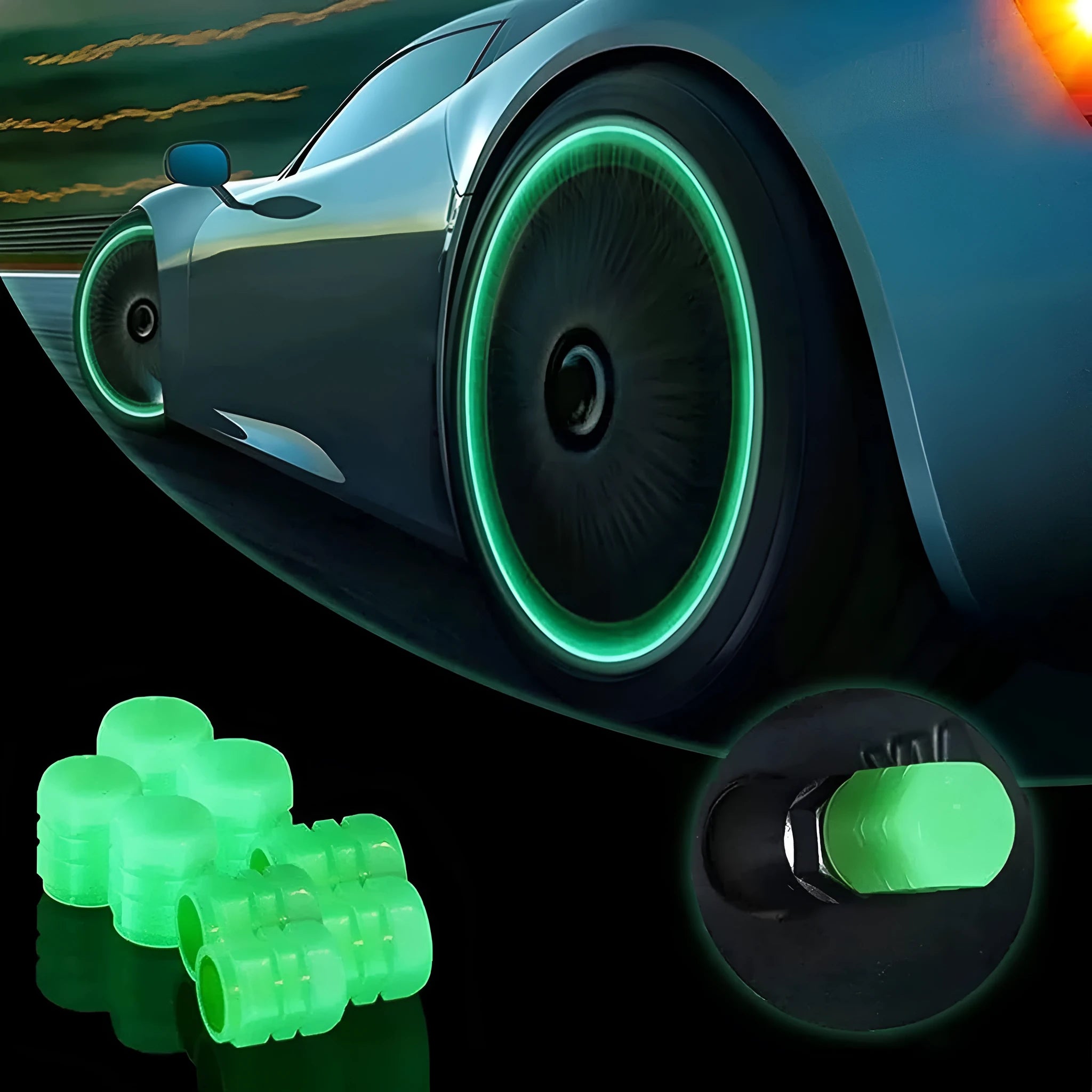 Rubber luminous tyre valve caps in multiple colours showing pack size options for bicycle and motorbike wheels